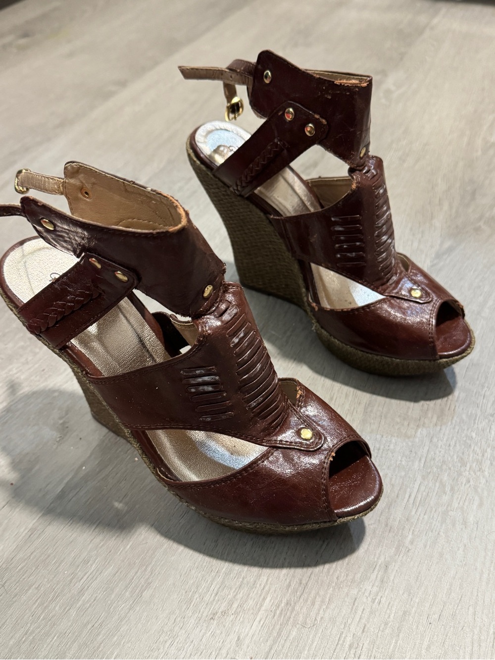 Qupid Brown Peep Toe Wedge Sandals with Ankle Strap
